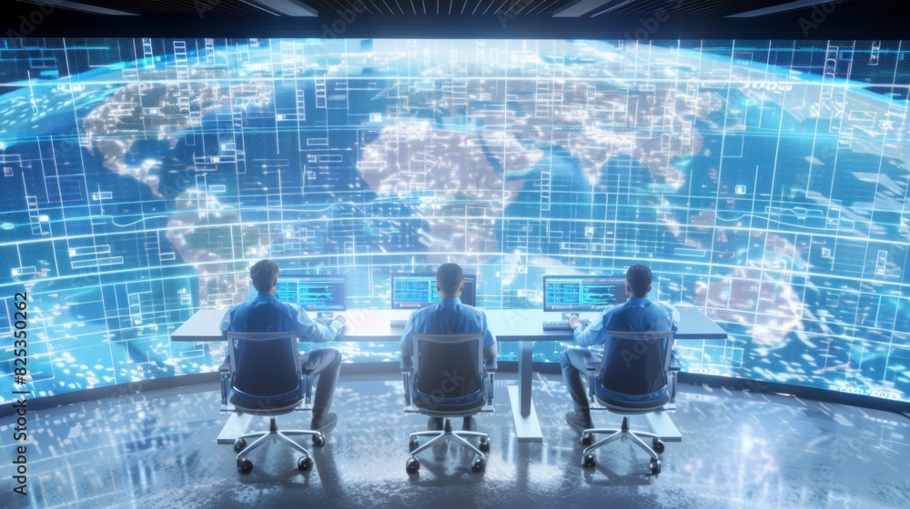 Poster Cybersecurity Team in High-Tech Control Room Monitoring Global Networks, Protecting Industrial Data Against Cyber Threats