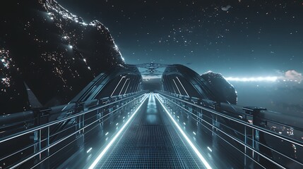 A futuristic metallic bridge extends across a wide, shadowy gorge, illuminated by distant, glowing...