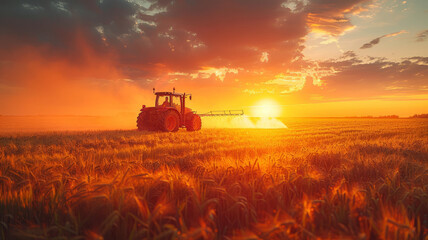 Fototapeta premium Irrigation tractor at sunset, showcasing tech role in modern agriculture and food sustainability,generative ai