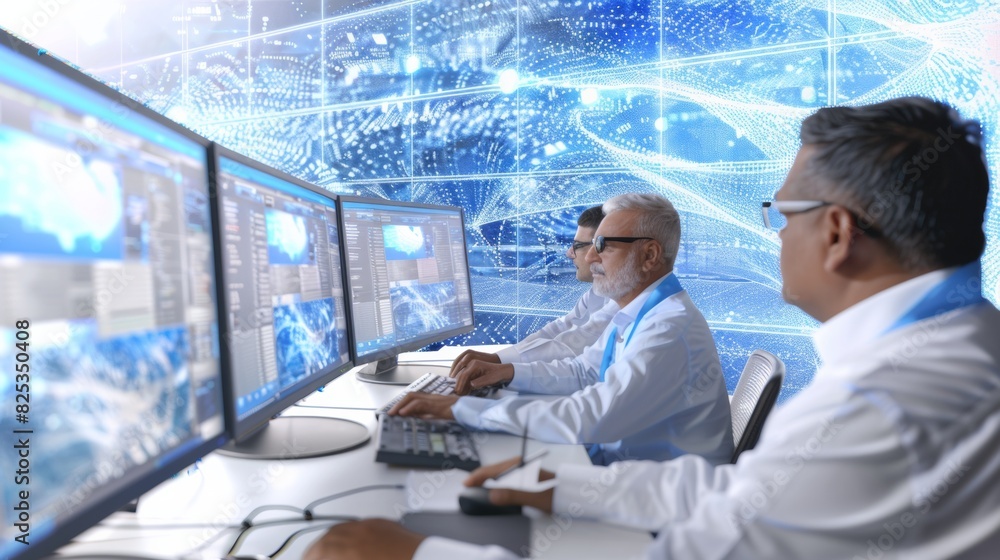 Poster Diverse Cybersecurity Team Monitoring Data Across Multiple Screens in a High-Tech Office Environment