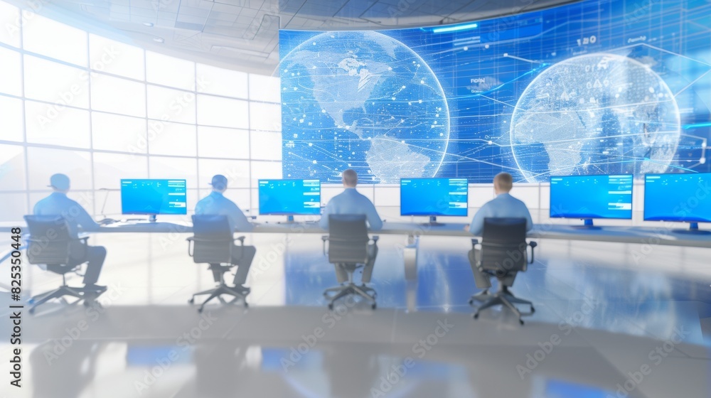 Poster Cybersecurity Team Monitoring Global Networks in High-Tech Control Room, Daytime Setting with a Focus on Industrial Data Protection
