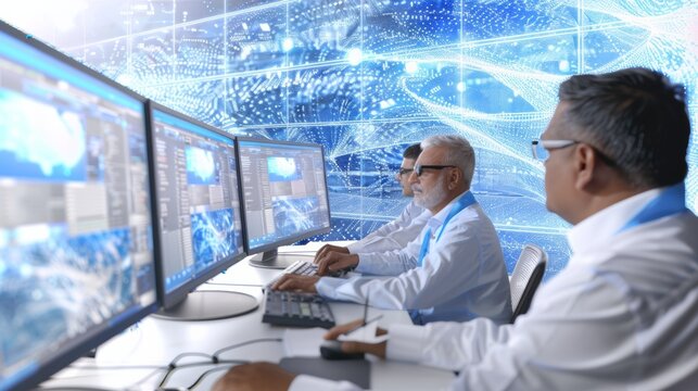 Diverse Cybersecurity Team Monitoring Data Across Multiple Screens in a High-Tech Office Environment