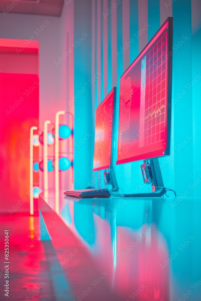 Poster Advanced Computer Setup with Colorful AI Graphics on Multiple Monitors in a Vibrantly Lit Tech Office