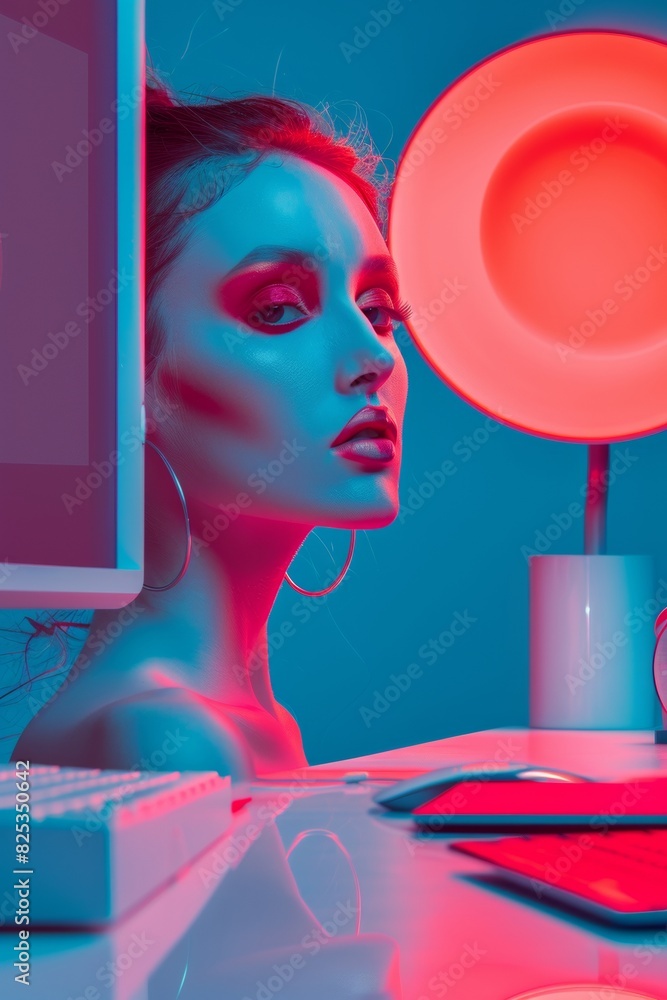 Poster Young Caucasian Woman Engaged in High-Tech Computer Operations with Multiple Dynamic Monitors at Night