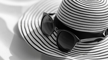 Close-Up of Black and White Striped Sunhat with Sunglasses on Bright Day, Fashion Accessories Concept