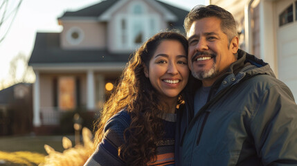 Obraz premium A man and a woman are smiling and posing for a picture in front of a house
