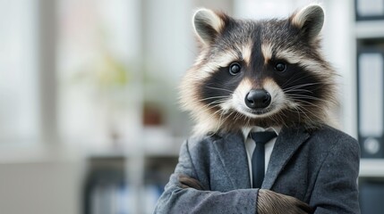 Raccoon in a business suit, office environment.