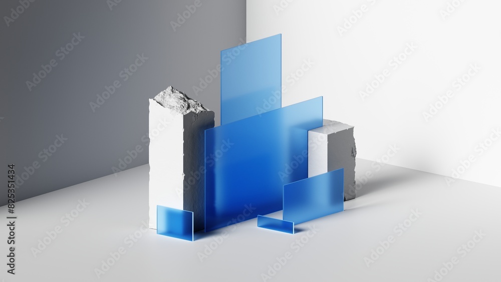 Poster 3d render. abstract geometric background. innovative fusion of rough white concrete and stone blocks