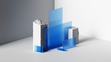 3d render. Abstract geometric background. Innovative fusion of rough white concrete and stone...