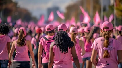 A group of diverse people from behind, walking in a charity marathon for breast cancer awareness