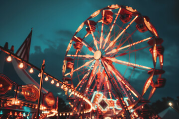 A carnival with a large red Ferris wheel