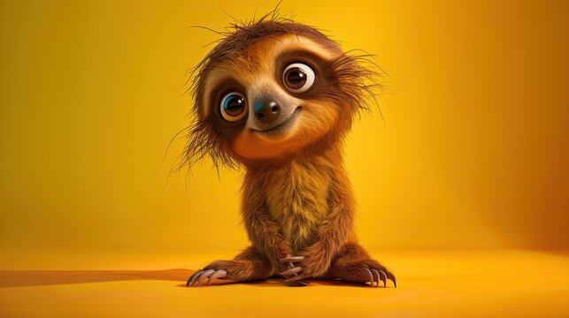 3d illustration, an adorable sloth on a yellow background, cartton style.