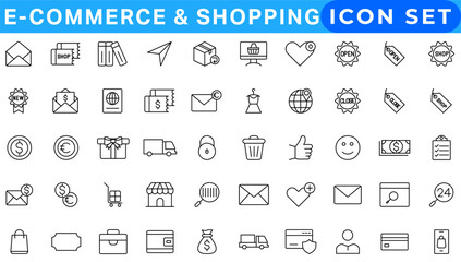 E-commerce and shopping web icons in line style. Mobile Shop, Digital marketing, Bank Card, Gifts. Vector illustration