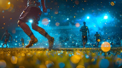 A lively scene of a soccer match, with a defocused backdrop of twinkling particles