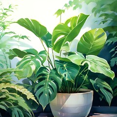 Philodendron xanadu indoor plant in a pot, AI-generated.