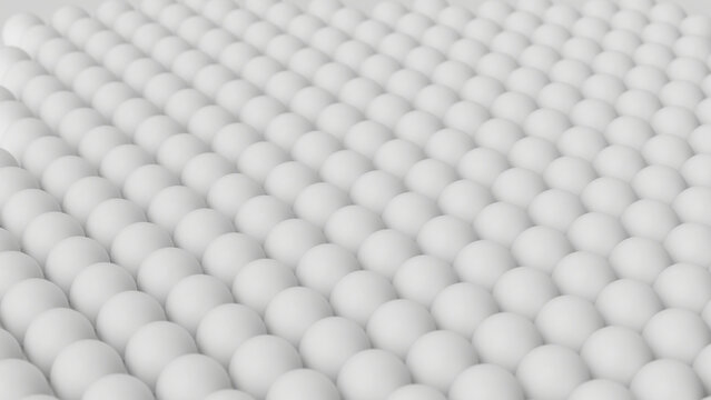3d render image of ordered texture, abstract background of white balls organized in uniform grid. Close-up of microscopic spherical particles, atomic structure. Visual metaphor of identical clones