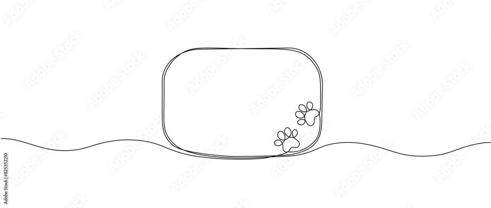 Poster black square frame with paw print of a dog or cat drawn in one continuous line. single line frame wi