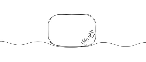 Black square frame with paw print of a dog or cat drawn in one continuous line. Single line frame with paw print. Vector editable line illustration © Sviatlana