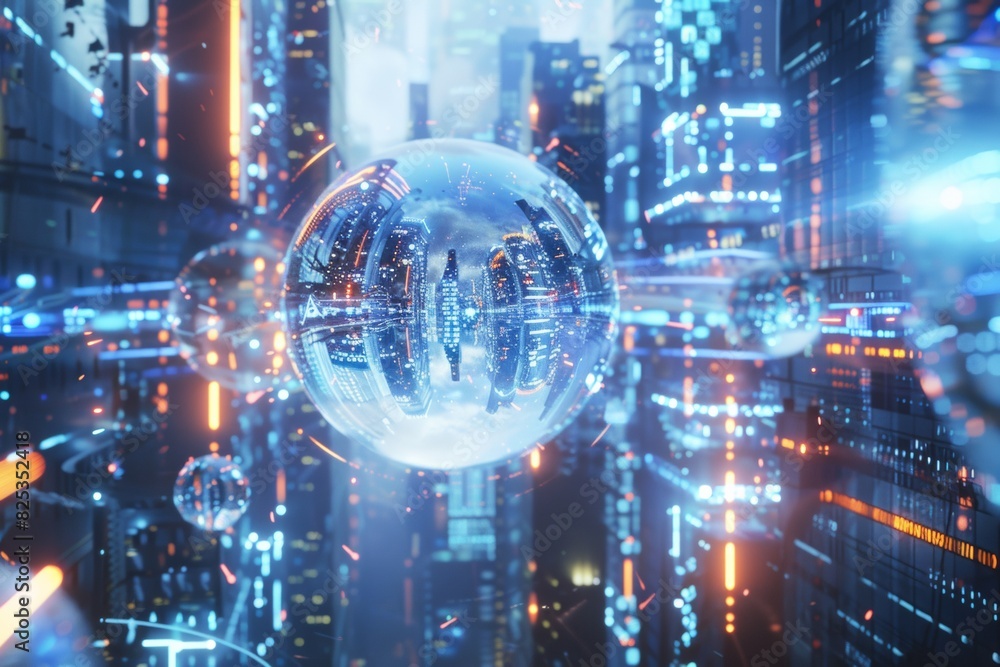Aufkleber futuristic cityscape with holographic displays and neon glow: an abstract vision of advanced technol