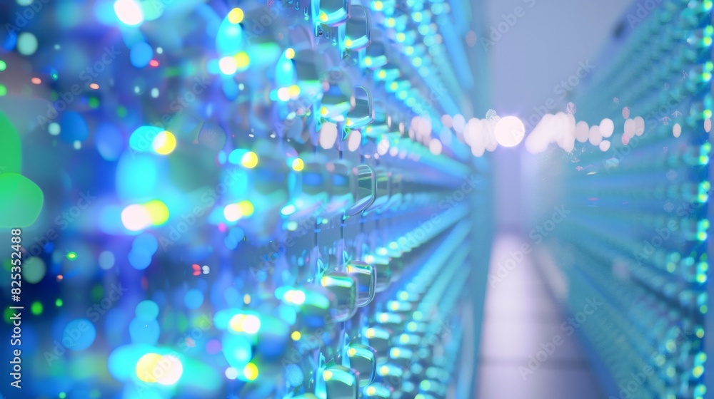 Poster high-tech data center with rows of servers illuminated by blue and green lights signifying active da