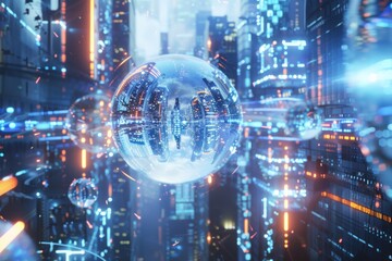 Fototapeta premium Futuristic Cityscape with Holographic Displays and Neon Glow: An Abstract Vision of Advanced Technology and Interaction
