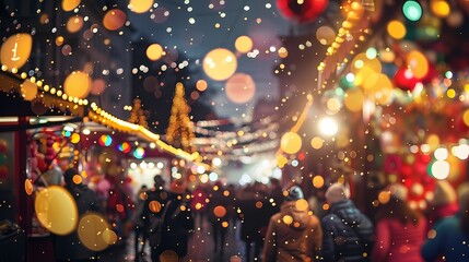 A lively scene of a street fair, with a defocused backdrop of twinkling particles