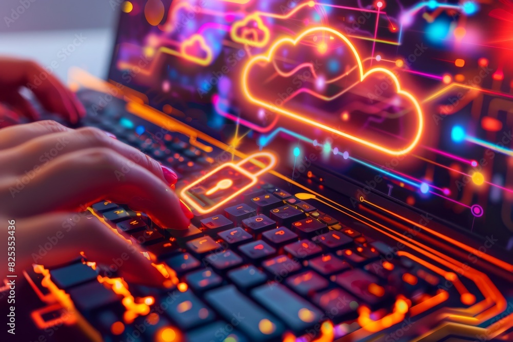 Poster modern cloud security with data protection and vibrant purple elements, featuring secure cloud integ