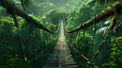 A narrow rope bridge sways over a deep jungle chasm, surrounded by thick, vibrant greenery. The background is a rich, emerald green.