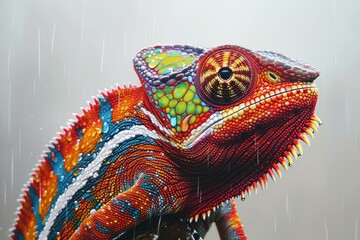 Artistic depiction of a chameleon with vibrant mosaic texture against a rainy backdrop