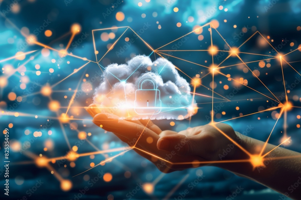 Poster comprehensive cloud security with data protection and device integration, highlighted by vibrant blu