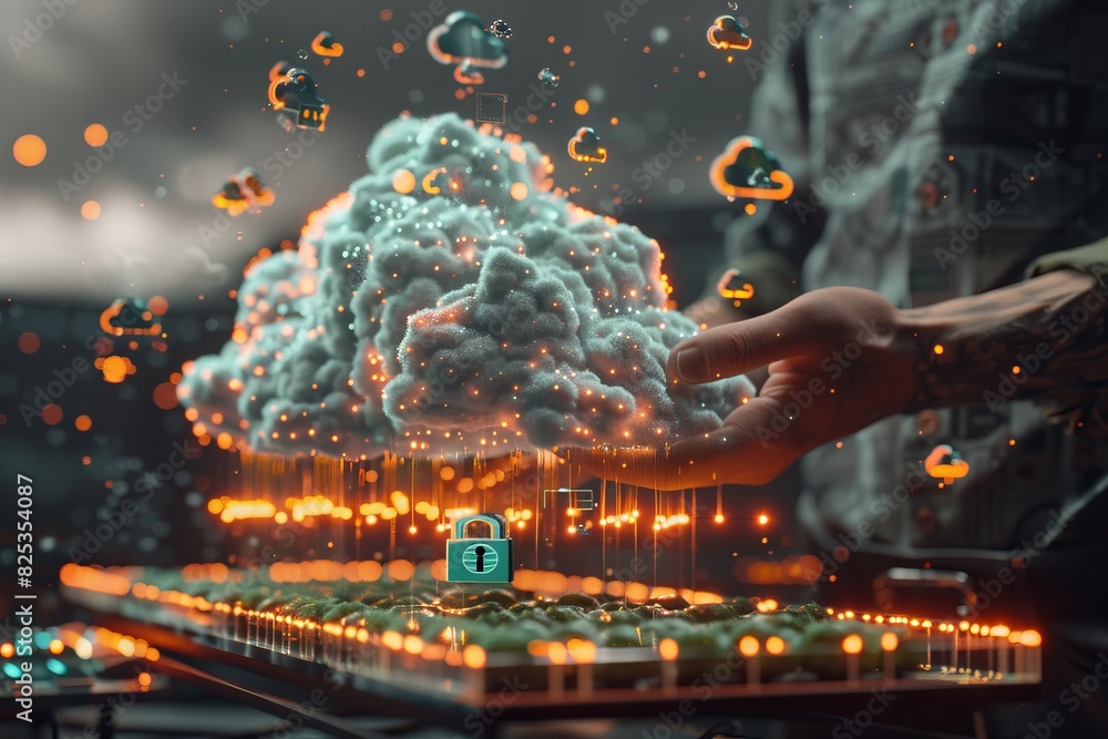 Poster innovative cloud security with advanced data encryption and device protection, depicted with vibrant