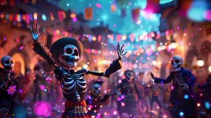 A lively scene of Day of the Dead celebrations, with a defocused backdrop of vibrant particles -