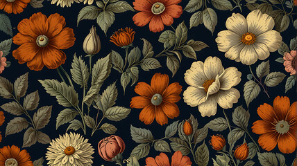 A Seamless pattern background of a collection of vintage botanical illustrations with flowers and leaves in muted vintage colors, wallpaper style
