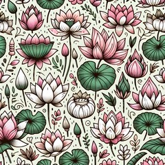 The hand-drawn design features whimsical and playful drawings of bloom lotus flowers, a Zen Garden theme on white background, 