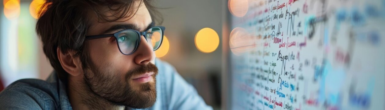 Focused programmer examining code on a computer screen. Concept of software development, coding, and technology in a modern digital environment.