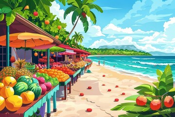 Colorful beachfront market with tropical fruits, palm trees, blue ocean, and distant mountains on a sunny day, perfect for tourism and travel ads.