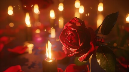 Red Rose with Candles on Red Background

