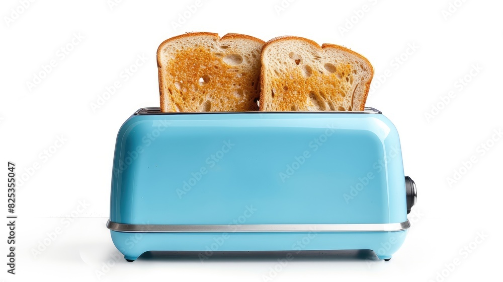 Poster blue contemporary toaster with slices of toast for breakfast inside placed in a white background wit