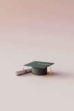 Graduation Cap with Diploma on Pink Background