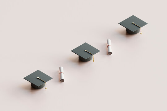 Minimalistic Graduation Caps and Diplomas on Pastel Background