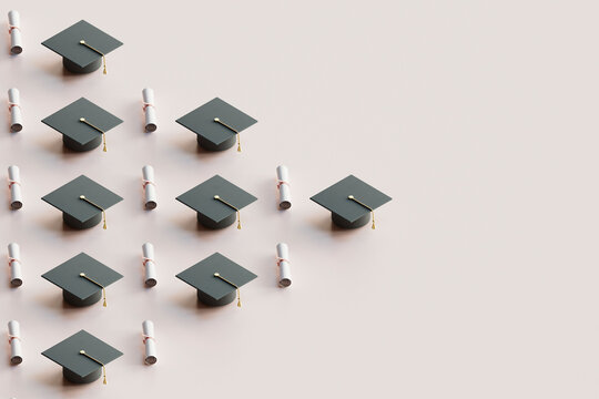 Scattered Graduation Caps and Diplomas on Light Background