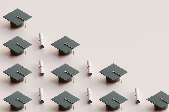 Array of Graduation Caps and Diplomas on Neutral Background