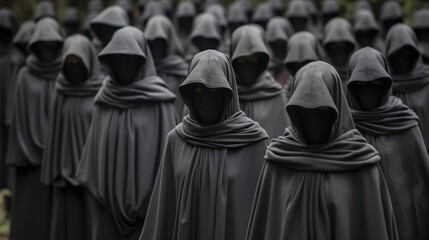 Haunting group of hooded figures in dark, draped garments, standing together in a mysterious and eerie atmosphere.