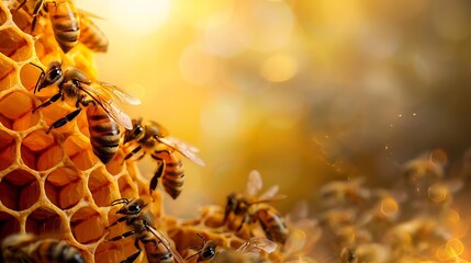 A close-up view of busy honeybees on a golden honeycomb, with warm sunlight filtering through,