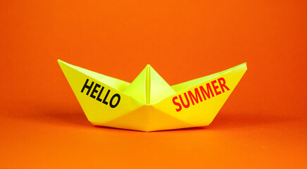 Hello summer symbol. Concept words Hello summer on beautiful yellow paper boat. Beautiful orange paper background. Business lifestyle Hello summer concept. Copy space.