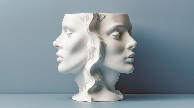 Dual-faced white marble sculpture with serene expressions, showcasing an elegant and artistic representation of two faces merged into one. - Powered by Adobe