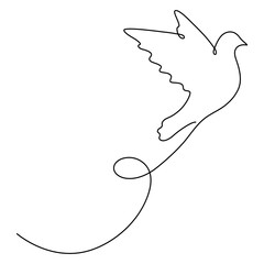 Flying bird continuous line art drawn. Dove with curve line. Vector illustration isolated on white.	