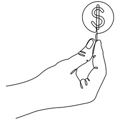 Hand holds coin continuous one line drawing art. Dollar linear symbol. Savings and investment money concept. Vector illustration isolated on white.