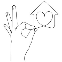 Hand holding house with heart shape continuous line drawn. Charity symbol. Vector illustration isolated on white.