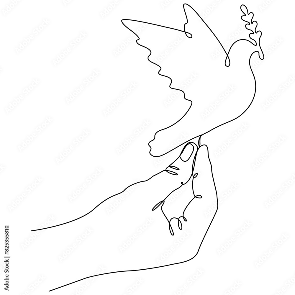 Poster continuous line drawing hands with flying dove with olive branch. peace bird linear symbol. vector i
